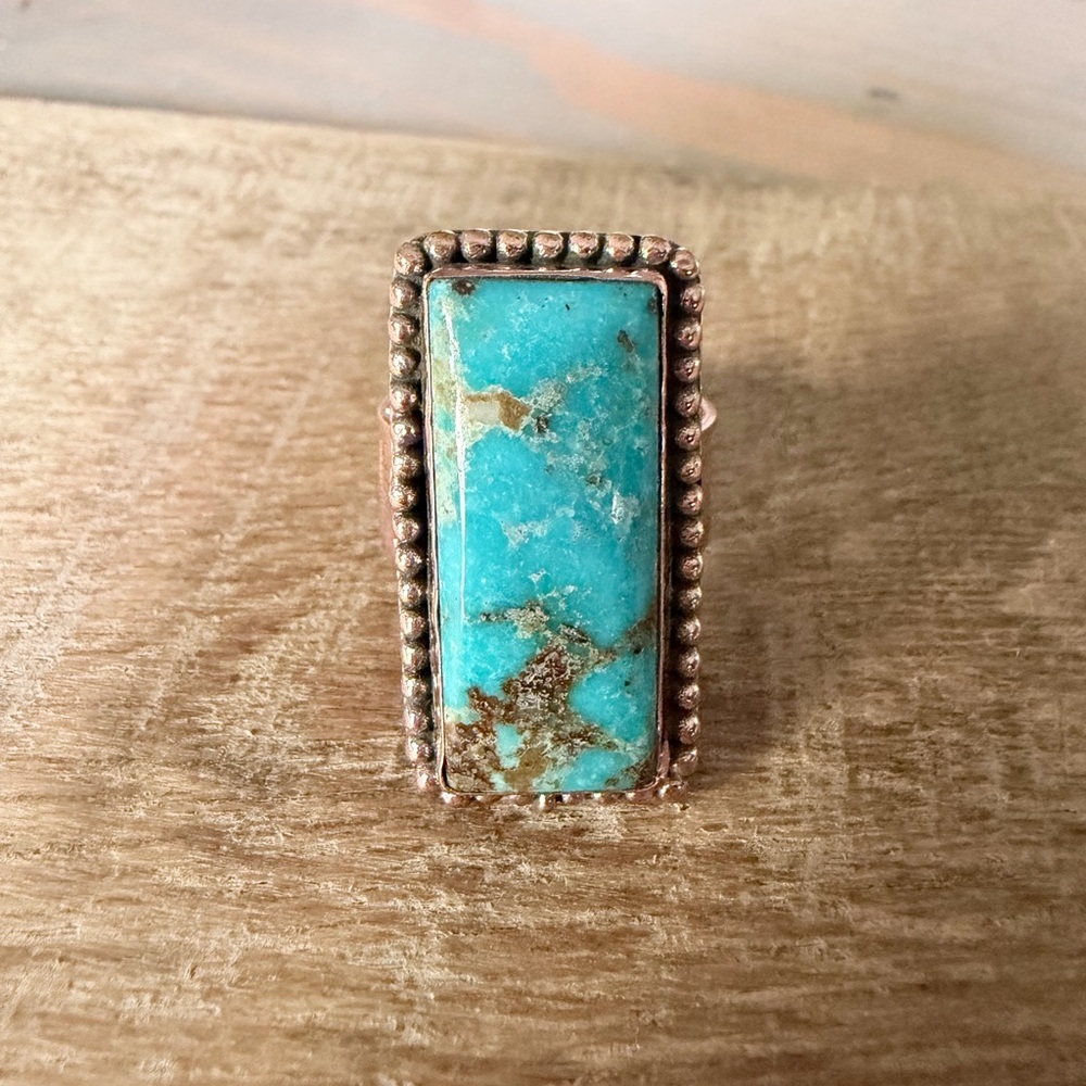 Broken Arrow Varicite  Rectangle Copper Statement Ring - Blue Turquoise
